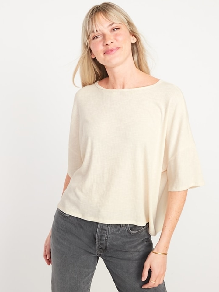 Old Navy Elbow-Sleeve Luxe Oversized Rib-Knit T-Shirt