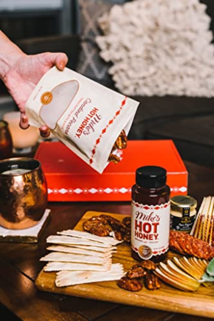 Mike's Hot Honey Gourmet Gift Basket - Mike&#039;s Hot Honey, Artisan Sausage, Candied Nuts, Sea Salt Crackers, Dijon Mustard - Everything but the Cheese