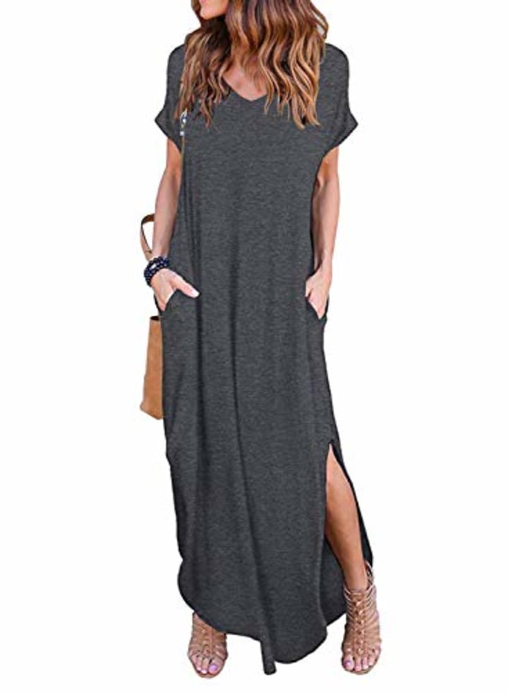 HUSKARY Women&#039;s Summer Maxi Dress Casual Loose Pockets Long Dress Short Sleeve Split