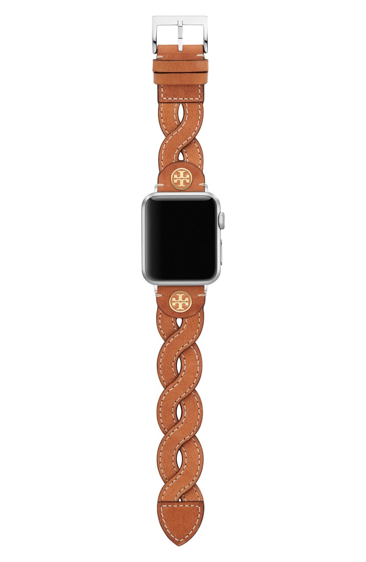 Tory Burch Braided Leather Apple Watch(R) Strap in Caramel at Nordstrom