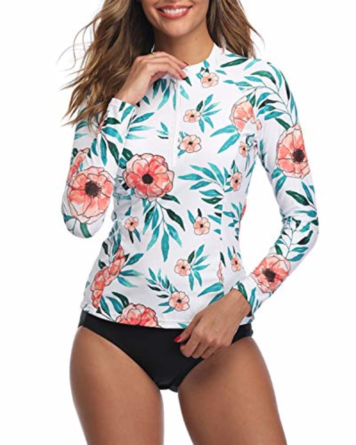 Women's Long Sleeve Rash Guard with Built in Bra UV Protection