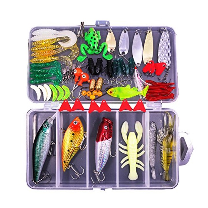 77Pcs Fishing Lures Kit Set for Bass,Trout,Salmon,Including Spoon Lures ,Soft Plastic Worms, CrankBait,Jigs,Topwater Lures (with Free Tackle Box) by Sptlimes