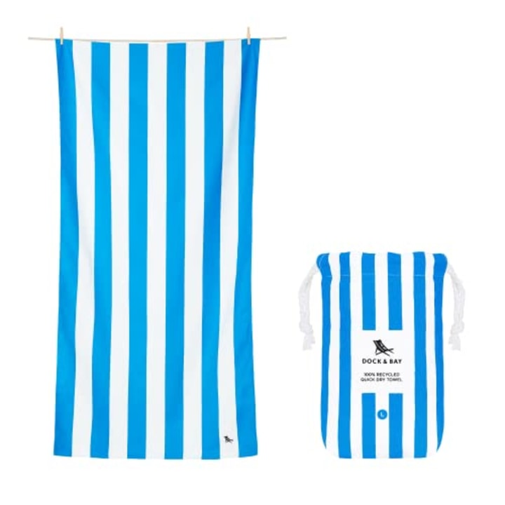 Dock &amp; Bay Beach Towel - Quick Dry, Sand Free - Compact, Lightweight - 100% Recycled - Includes Bag - Cabana - Bondi Blue - Large (160x90cm, 63x35)