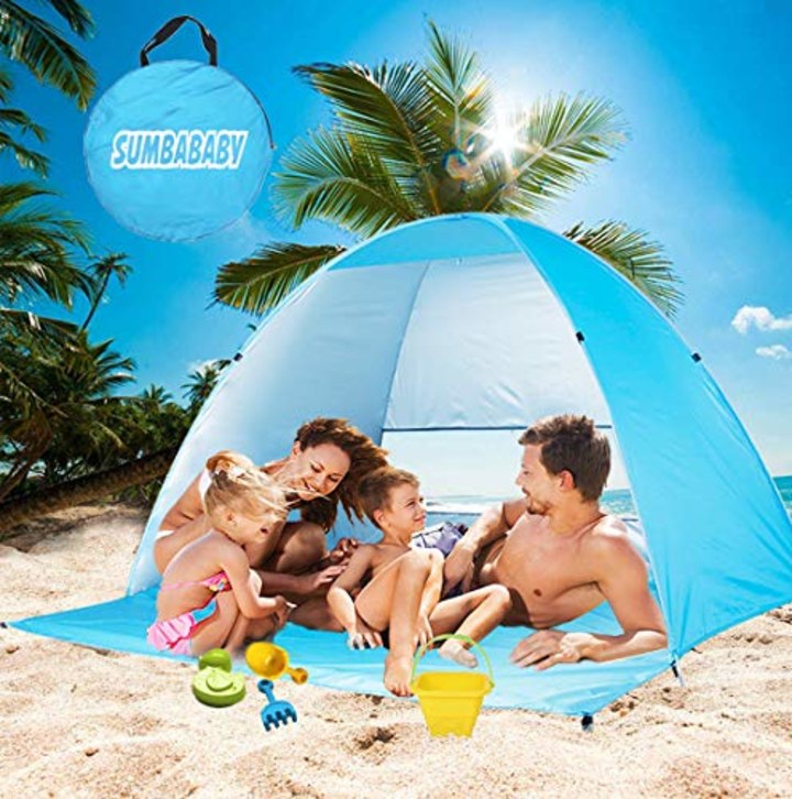 Large Beach Tent UV Pop Up Sun Shelter Tents, Big Portable Automatic Sun Umbrella, Waterproof/Windproof Instant Easy Outdoor Cabana, Fit 3-4 Persons for Camping, Hiking, Canopy with Carry Bag (Blue)