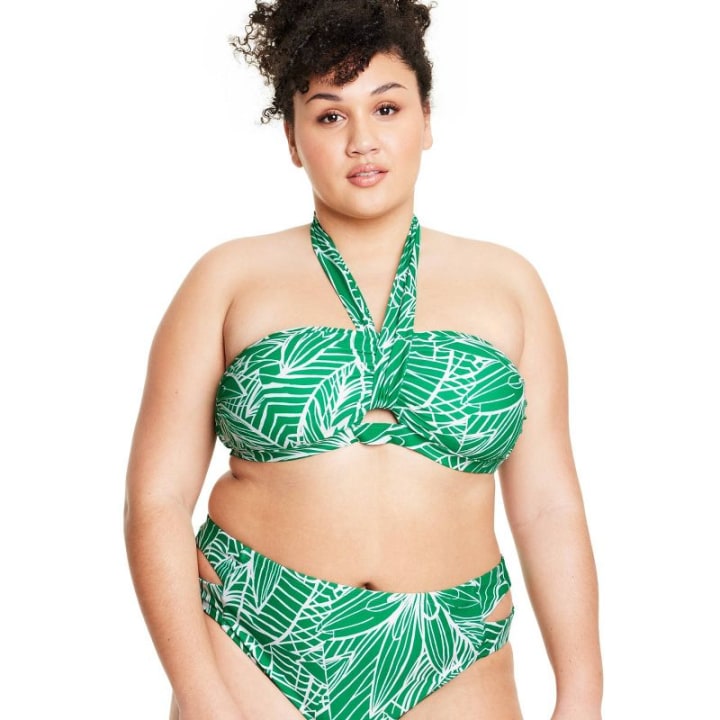 Women&#039;s Linear Floral Print Halter Neck Bikini Top - Tabitha Brown for Target Green