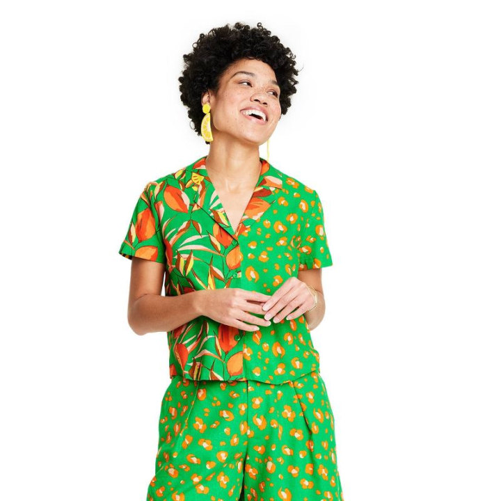 Women&#039;s Leopard/Orange Print Button-Down Shirt - Tabitha Brown for Target Green