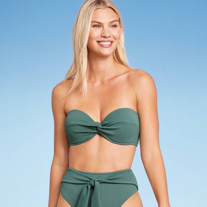 Women&#039;s Lightly Lined Twist-Front Crepe Textured Bandeau Bikini Top - Shade &amp; Shore(TM) Cactus Green