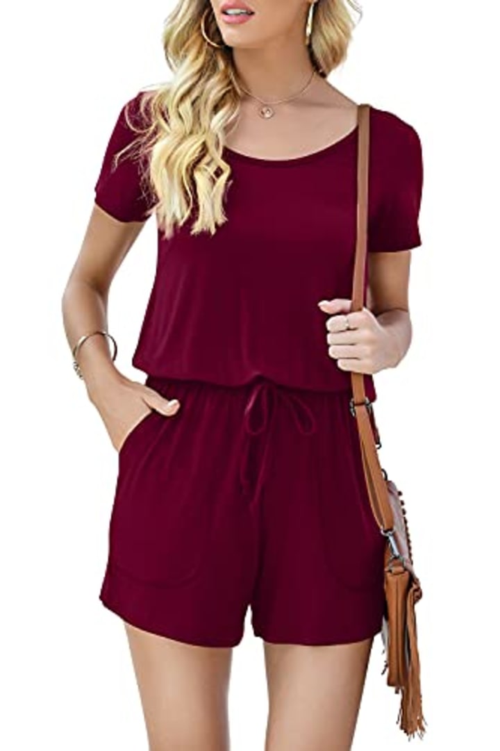 DouBCQ Womens Summer Casual Short Sleeve Loose Jumpsuits Romper with Pockets (Wine Red, Medium)
