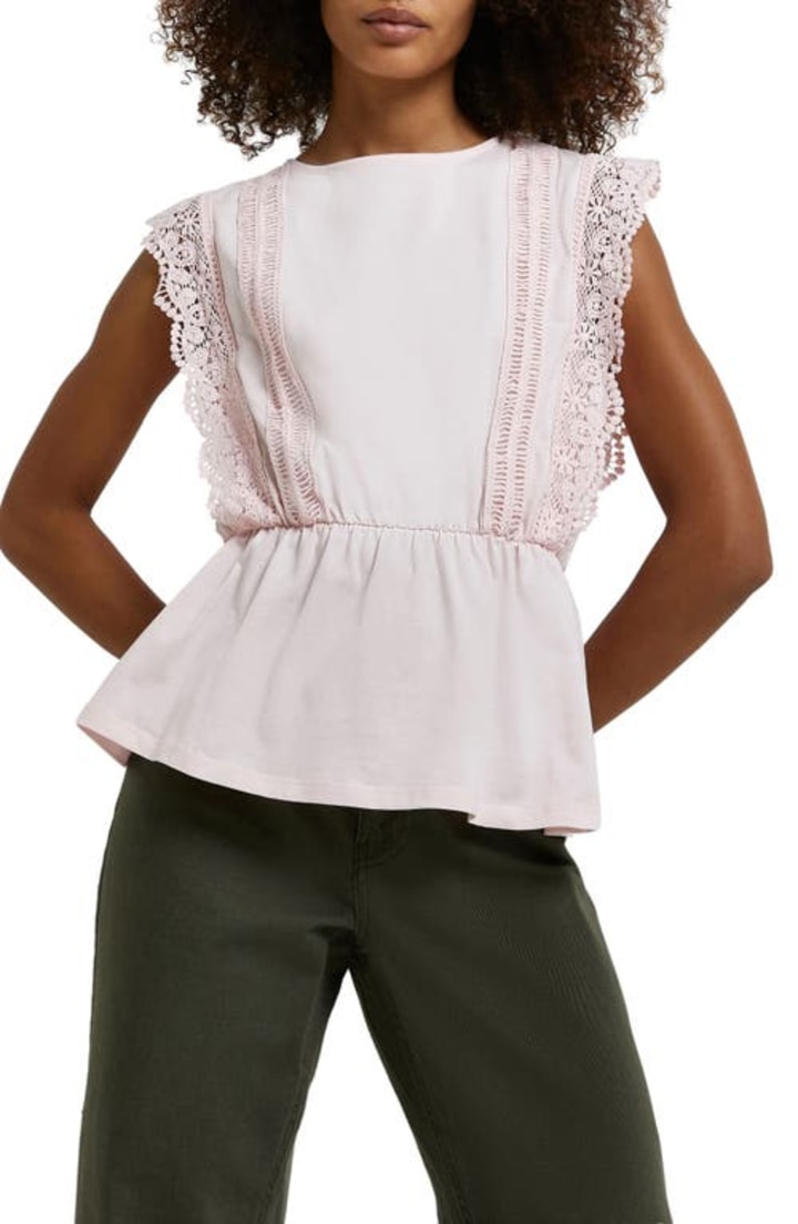 River Island Lace Trim Cotton Peplum Knit Top in Light Pink at Nordstrom, Size 12 Us