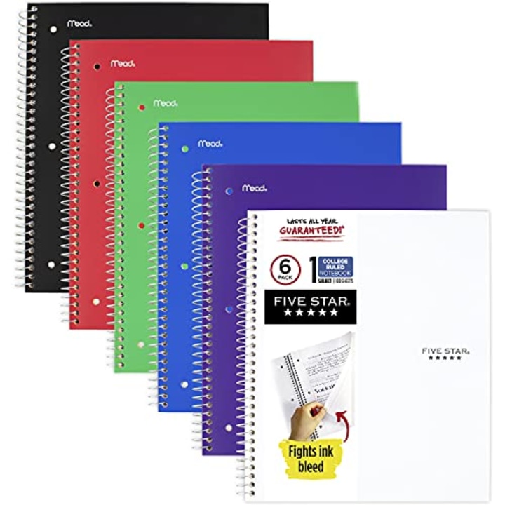 Five Star Spiral Notebooks with Pockets, 6 Pack, 1-Subject, College Ruled Paper, 11" x 8-1/2&quot;, 100 Sheets, Assorted Colors Will Vary (38052)