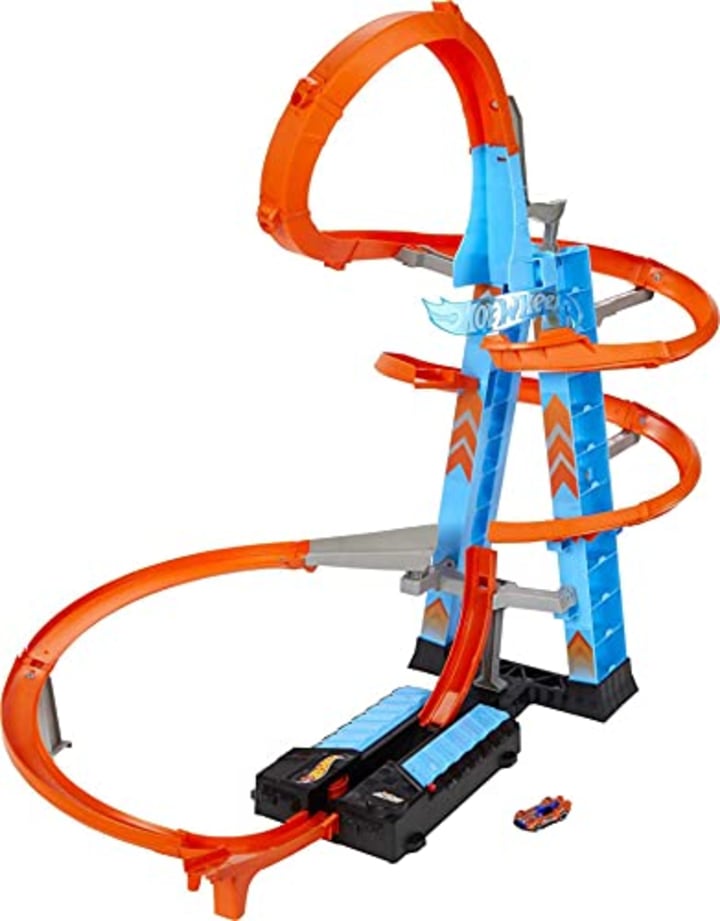 Hot Wheels Sky Crash Tower Track Set, 2.5+ ft High with Motorized Booster, Orange Track &amp; 1 Hot Wheels Vehicle, Race Multiple Cars [Amazon Exclusive]