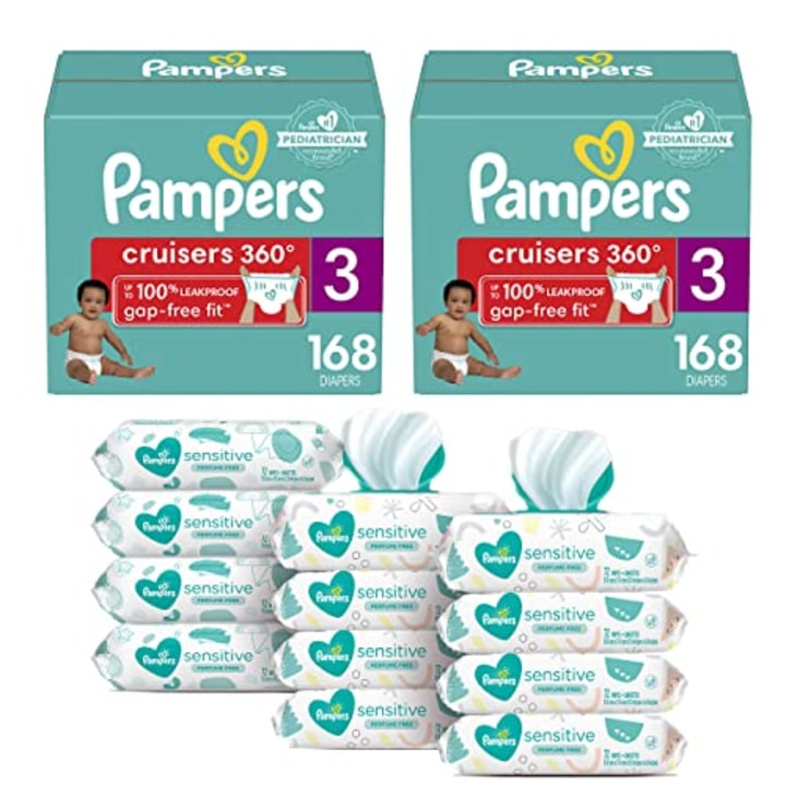 Pampers Baby Diapers and Wipes (2 Month Supply) - Pull On Cruisers 360? Fit Diapers with Stretchy Waistband Size 3 (2 x 168 Count) with Sensitive Baby Wipes, 12X Pop-Top Packs, 864 Count