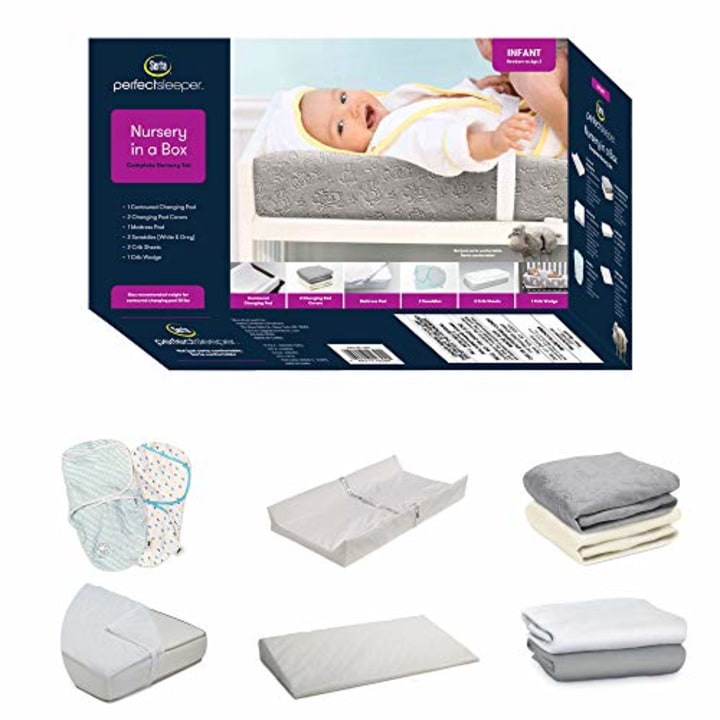 Serta 9-Piece Nursery-in-a-Box Newborn Baby Gift Set for Boys and Girls - Set Includes 2 Swaddles, Changing Pad, 2 Changing Pad Covers, 2 Crib Sheets, Crib Mattress Pad and Crib Wedge, White/Grey