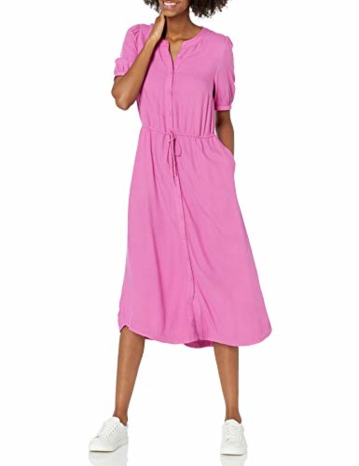 Amazon Essentials Women&#039;s Half-Sleeve Waisted Midi A-Line Dress, Navy, Medium
