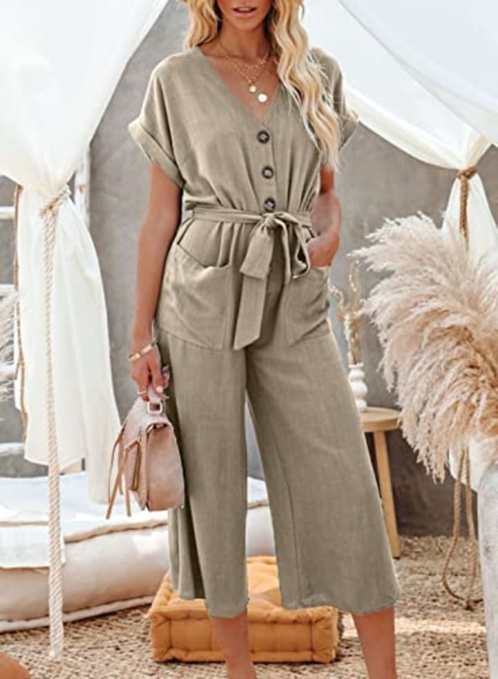 Acelitt Womens Ladies Casual V Neck Short Sleeve Button Down High Waisted Belted Khaki Wide Leg Jumpsuits Rompers with Pockets Large