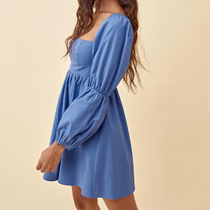 EXLURA Womens Square Neck Dress Long Puff Sleeve A-Line Casual Short Mini Dress Blue