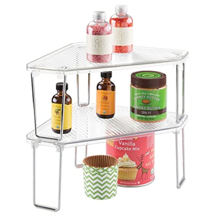 mDesign Plastic/Steel Freestanding Foldable Corner Stackable Organizer Shelf for Kitchen, Counter, Pantry, Cabinet Storage, Holds Plates, Dishes, Ligne Collection, Clear