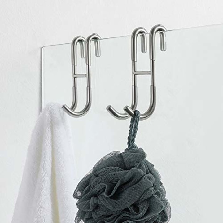 Simtive Shower Door Hooks (2-Pack), Towel Hooks for Bathroom Frameless Glass Shower Door, Shower Squeegee Hooks, Silver