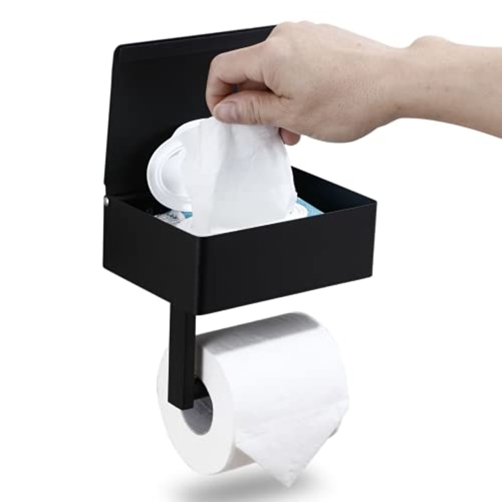 Day Moon Designs Toilet Paper Holder with Shelf - Flushable Wipes Dispenser &amp; Storage Fits Any Bathroom, Keep Your Wet Wipes Hidden - Stainless Steel Wall Mount Bathroom Organizer - Matte Black, Small