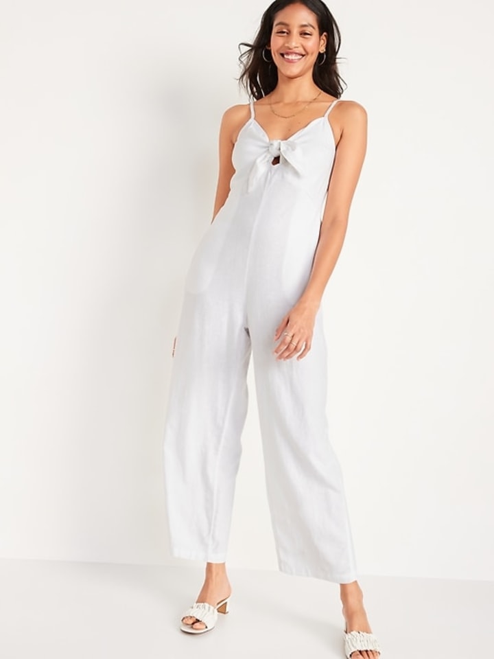 Cropped Smocked Knotted Linen-Blend Cami Wide-Leg Jumpsuit for Women