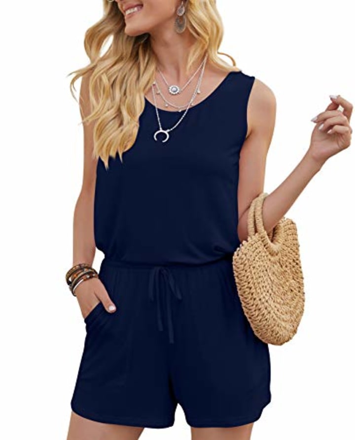 DouBCQ Womens Summer Casual Sleeveless Loose Jumpsuits Romper with Pockets (Navy Blue, Medium)