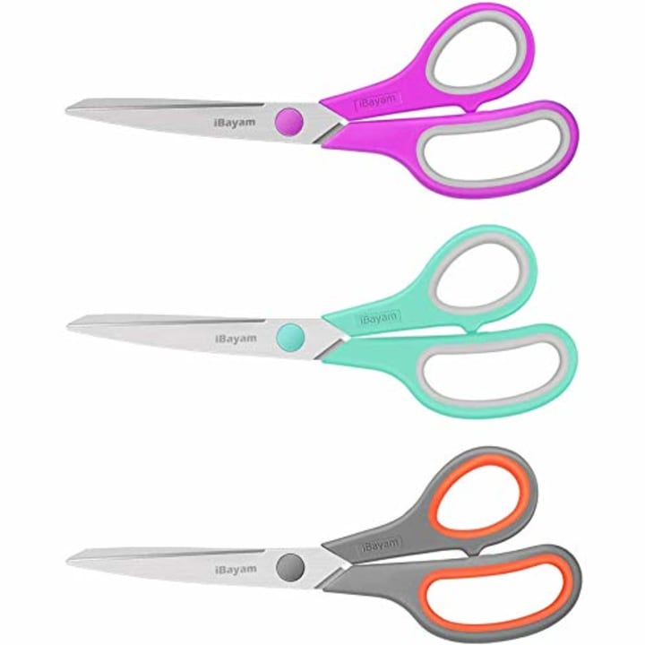 Scissors, iBayam 8&quot; Multipurpose Scissors Bulk Ultra Sharp Shears, Comfort-Grip Sturdy Scissors for Office Home School Sewing Fabric Craft Supplies, Right/Left Handed, 3-Pack, Mint, Grey, Purple