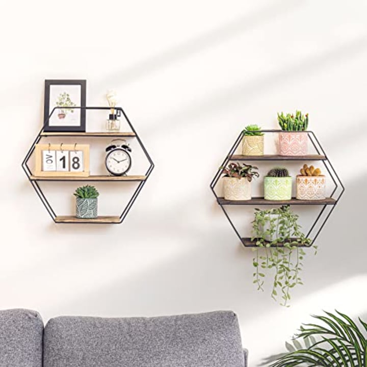 POTEY Hexagon Floating Shelves, Wall Mounted Hanging Shelf Geometric Decorative Shelves Decor for Living Room, Bedroom, Apartment, Kitchen - Light Brown