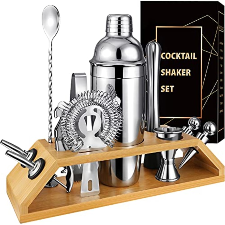Cocktail Shaker Set Bartender Kit, 12 Pcs Premium Stainless Steel Bar Set Tools : Bamboo Stand, 25 oz Martini Shaker, Cocktail Shaker Set for Mixing Cocktails