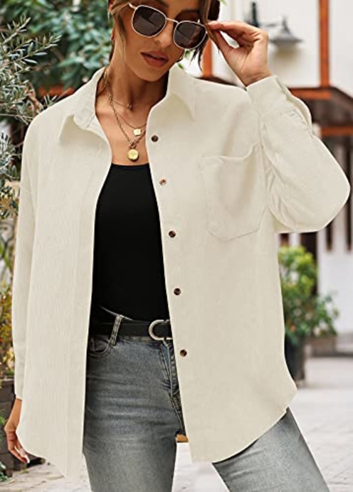 Women&#039;s Corduroy Shirts Long Sleeve Jacket Loose Casual Button Down Blouses Tops with Pockets