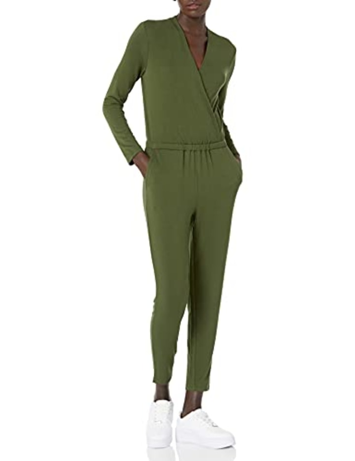 Daily Ritual Women&#039;s Supersoft Terry Long-Sleeve V-Neck Wrap Jumpsuit, Olive, Large