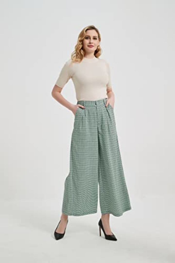 Tronjori Women High Waist Casual Wide Leg Long Palazzo Pants Trousers Regular Size(M,Green Multiplaid)