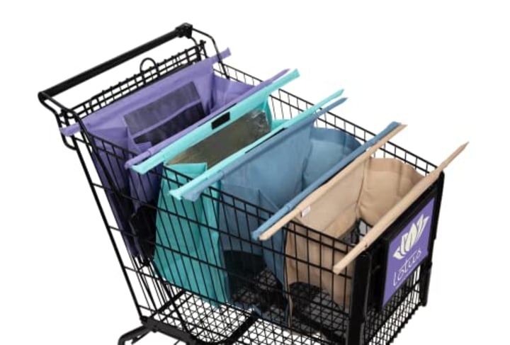 Lotus Trolley Bags -set of 4 -w/LRG COOLER Bag &amp; Egg/Wine holder! Reusable Grocery Cart Bags sized for USA. Eco-friendly 4-Bag Grocery Tote. (Purple, Turquoise, Blue, Brown,)