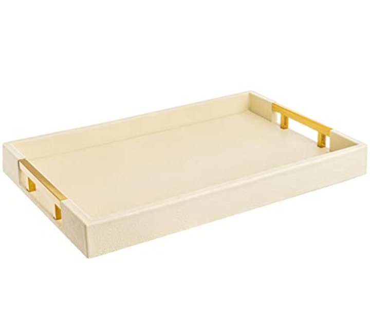 Modern Elegant 18&quot;x12&quot; Rectangle Cream Glossy Shagreen Decorative Ottoman Coffee Table Perfume Living Room Kitchen Serving Tray with Gold Polished Metal Handles by Home Redefined for All Occasion&#039;s