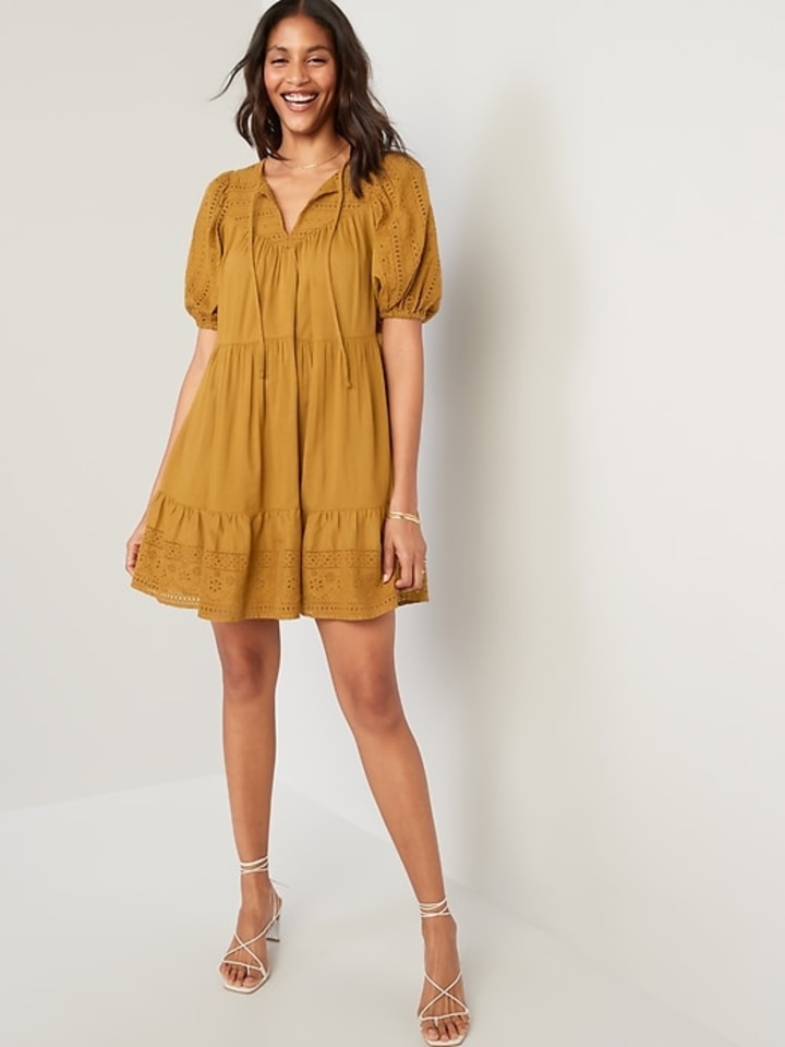 Old Navy Puff-Sleeve Embroidered Mini Swing Dress