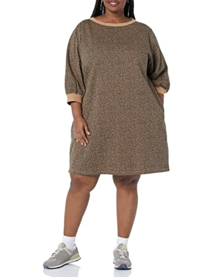 Amazon Essentials Women&#039;s French Terry Blouson Sleeve Crewneck Sweatshirt Dress (Available in Plus Size), Camel, Cheetah, 1X