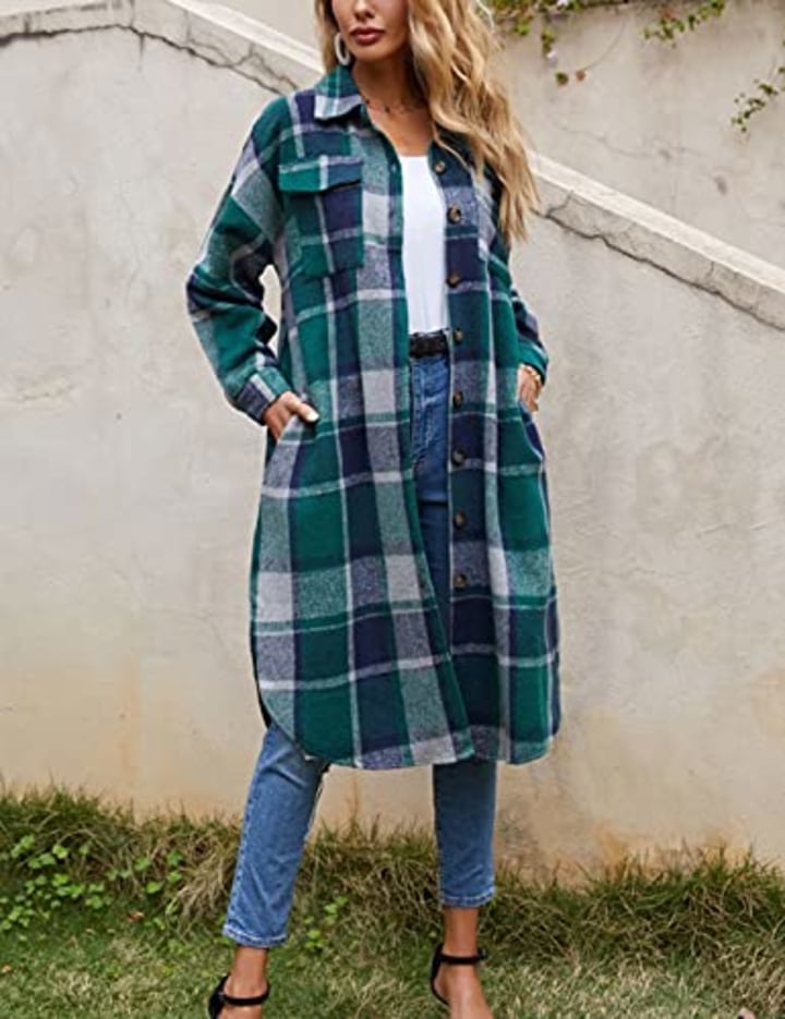 Himosyber Women&#039;s Casual Plaid Long Shacket Coat