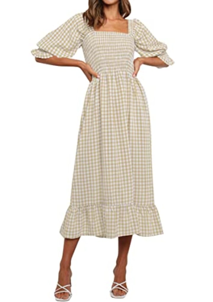 ZESICA Plaid Square Neck Midi Dress