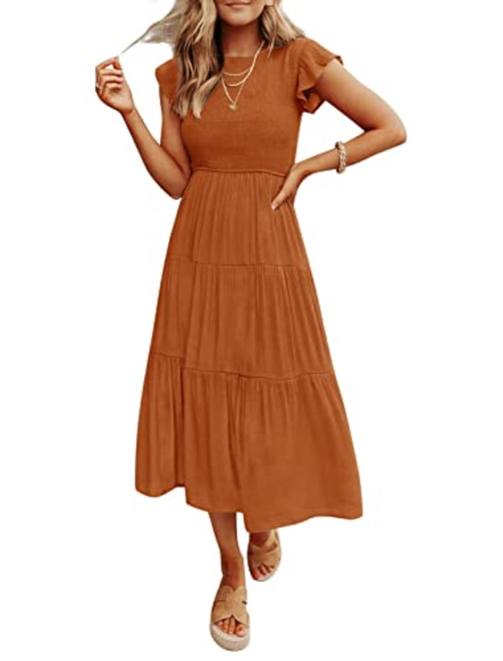 Zesica Women&#039;s Smocked Tiered Midi Dress