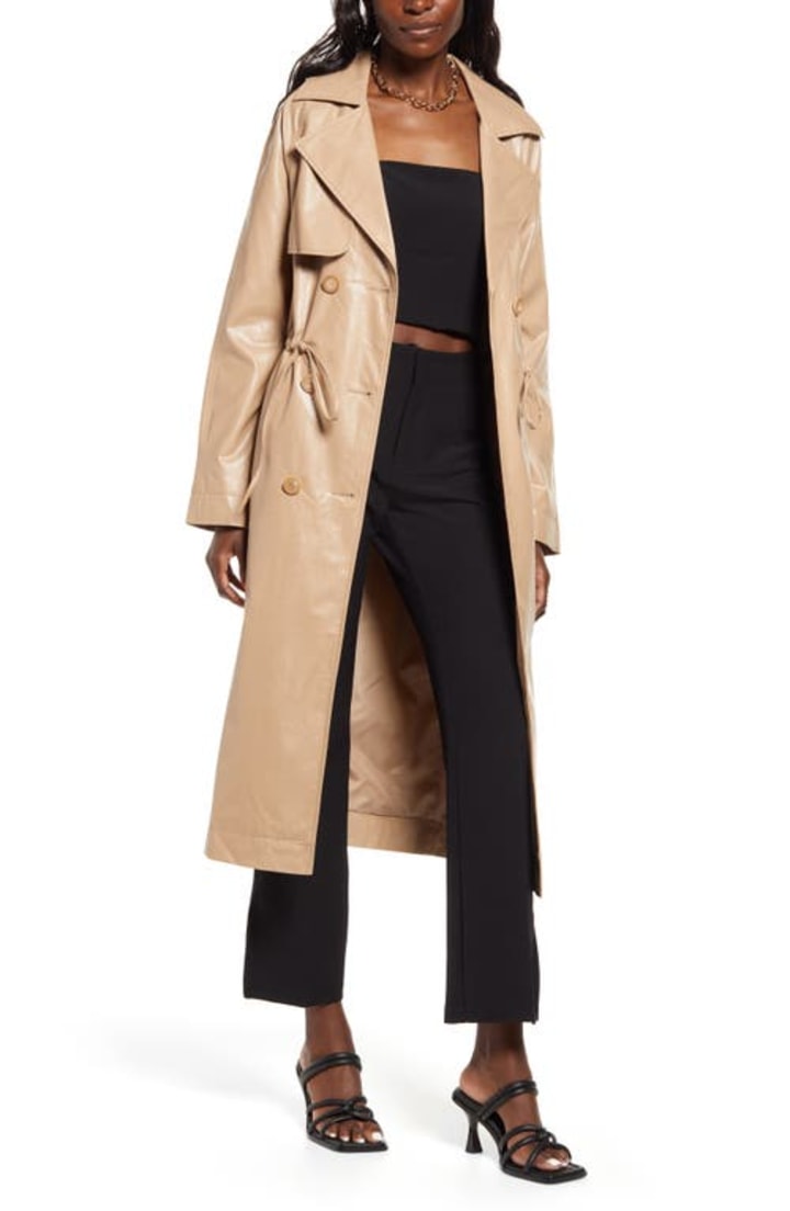 Open Edit Faux Leather Trench Coat
