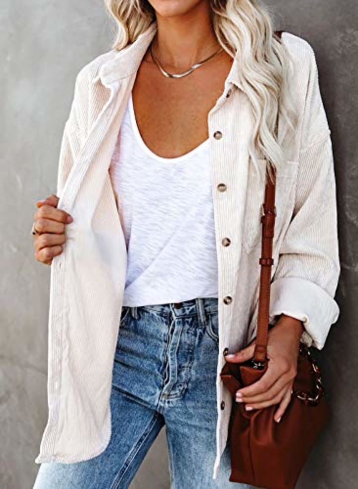 Astylish Womens Corduroy Shirts Button Down V Neck Long Sleeve Blouse Casual Roll Up Cuffed Tops with Pockets Beige S