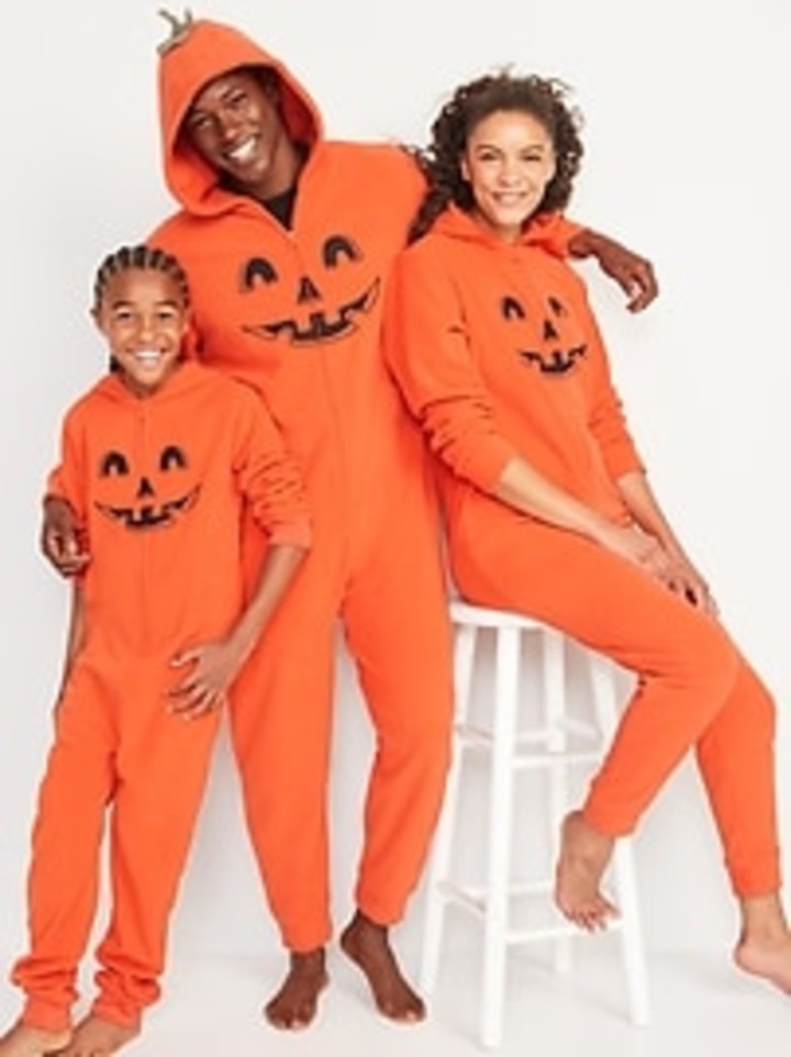 Gender-Neutral Matching Jack-O&#039;-Lantern One-Piece Costume for Adults