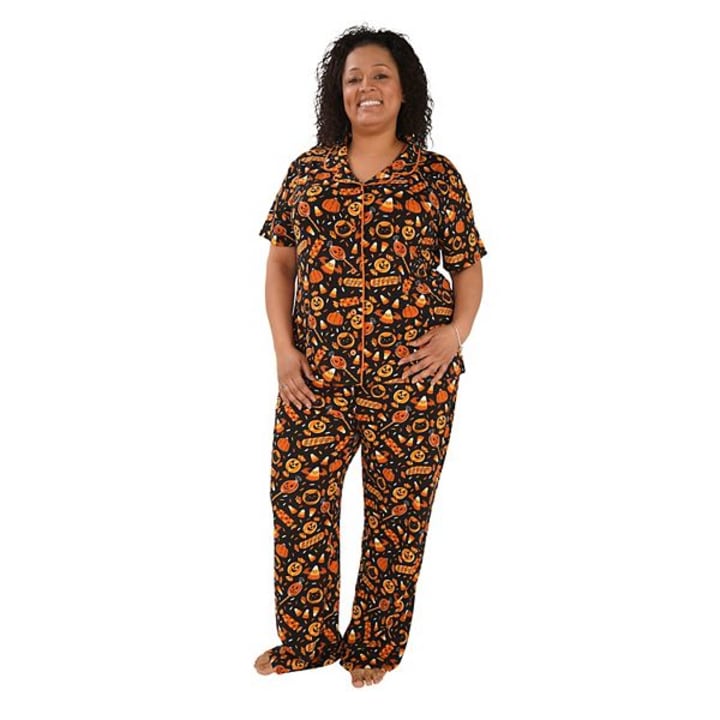 Women&#039;s Plus Size Nite Nite by Munki Munki Halloween Short Sleeve Pajama Shirt &amp; Pajama Pants Sleep Set