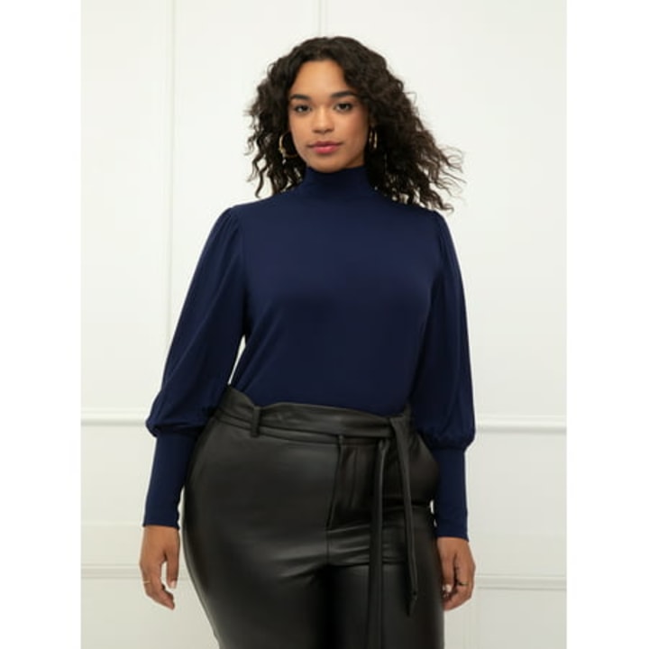 ELOQUII Elements Women&#039;s Plus Size Balloon Sleeve Tee With Mock Neck