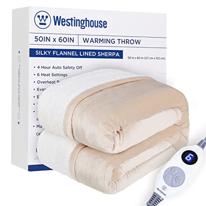 Westinghouse Heated Blanket, Electric Throw with 6 Heating Levels, 4 Hour Auto Off, Overheat Protection, Machine Washable, Sherpa &amp; Flannel (Throw, 50x60 Inches, Ivory)