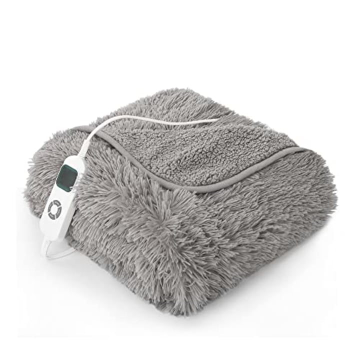 Pawque Heated Blanket Electric Throw, 10 Heating Levels &amp; Auto Off, Fuzzy Blanket with Soft Faux Fur &amp; Warm Sherpa Reversible for Home Office, ETL Certified, Machine Washable, 50 x 60 inches, Grey