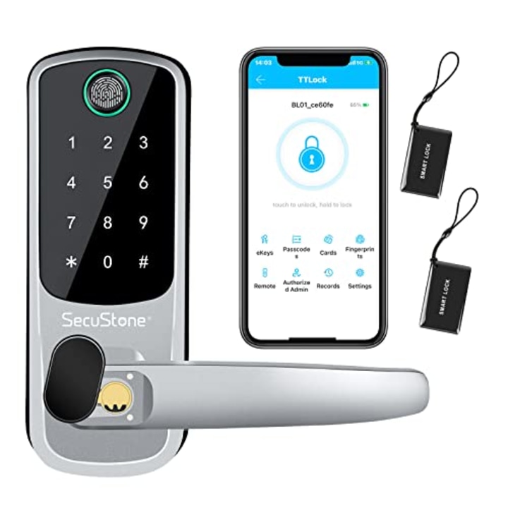 Secustone Fingerprint Door Lock, Keyless Entry Door Lock, 5-in-1 Smart Locks for Front Door, Door Locks with Keypads, Fingerprint, Code, IC Card and APP, Keypad Door Lock with Handle for Home, Silver