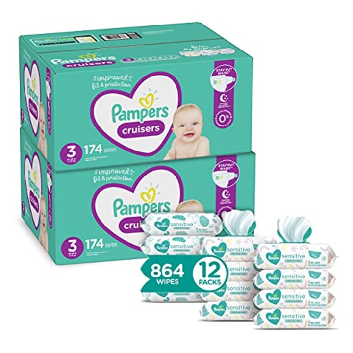 Pampers Baby Diapers and Wipes Starter Kit (2 Month Supply) - Cruisers Disposable Baby Diapers) with Sensitive Water Based Baby Wipes