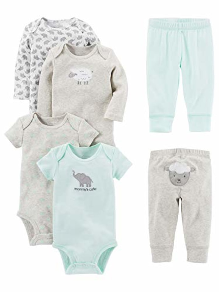 Simple Joys by Carter&#039;s Unisex Babies&#039; 6-Piece Bodysuits (Short and Long Sleeve) and Pants Set, Grey/Mint Green, Lamb/Elephant, 6-9 Months