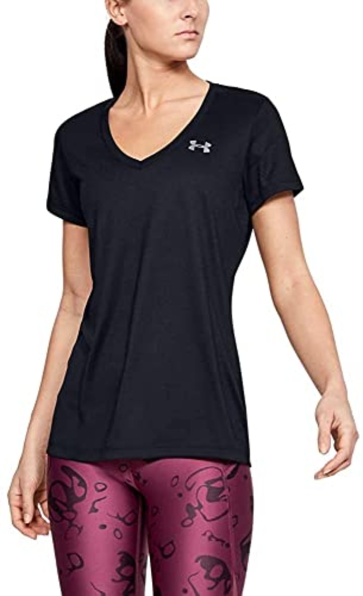 Under Armour Women&#039;s Tech V-Neck Short-Sleeve T-Shirt , Black (002)/Metallic Silver , Small