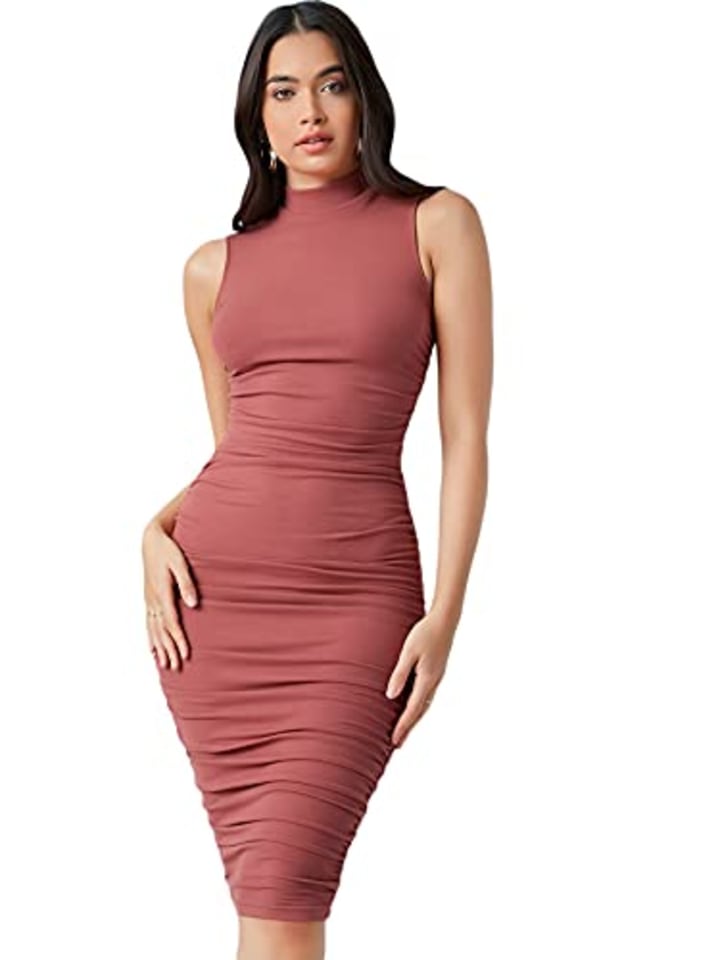 Floerns Women&#039;s Solid Sleeveless Mock Neck Knee Length Ruched Bodycon Dress Rusty Rose XL
